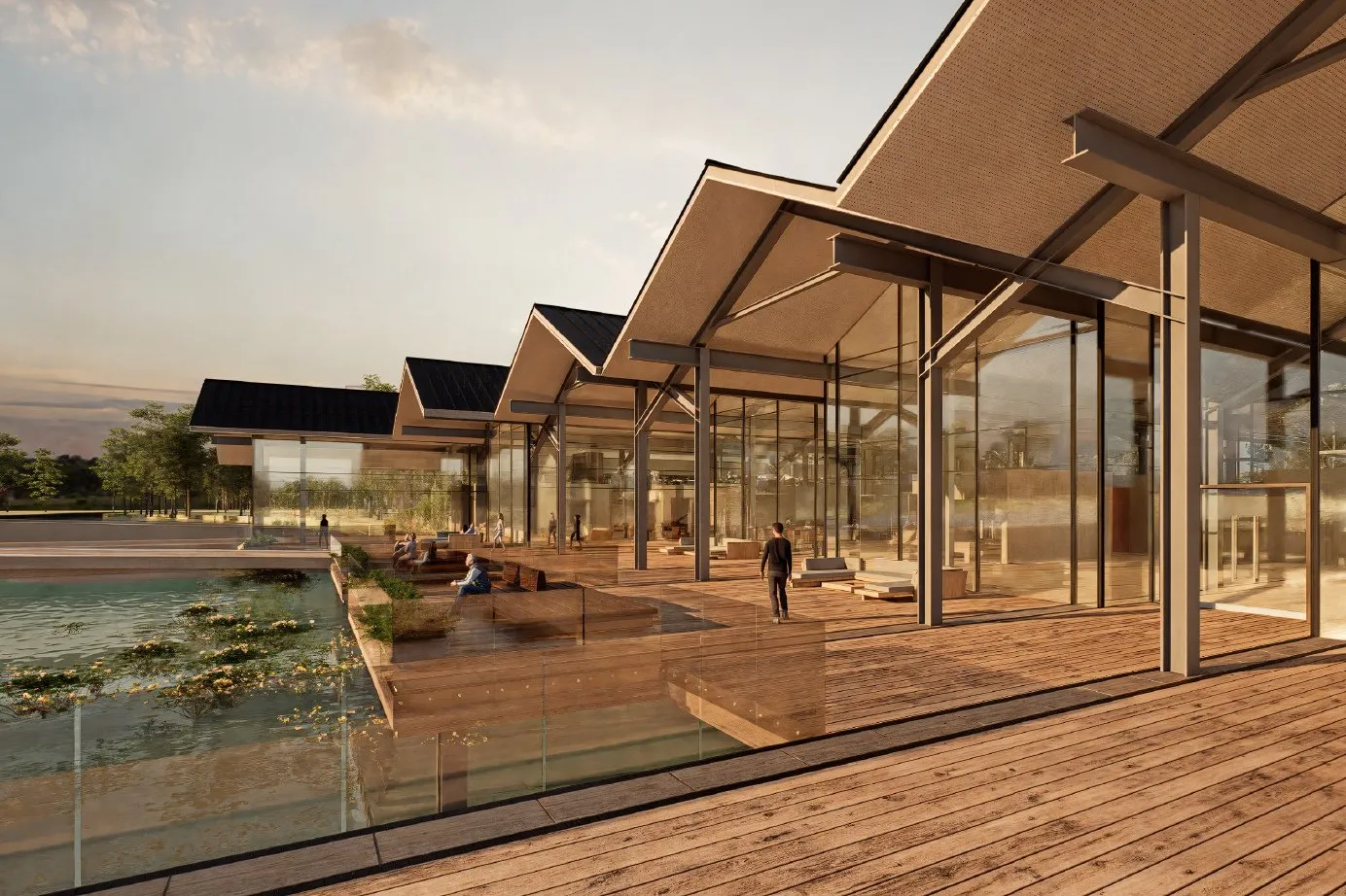 Render del club house al atardecer, sobre la laguna