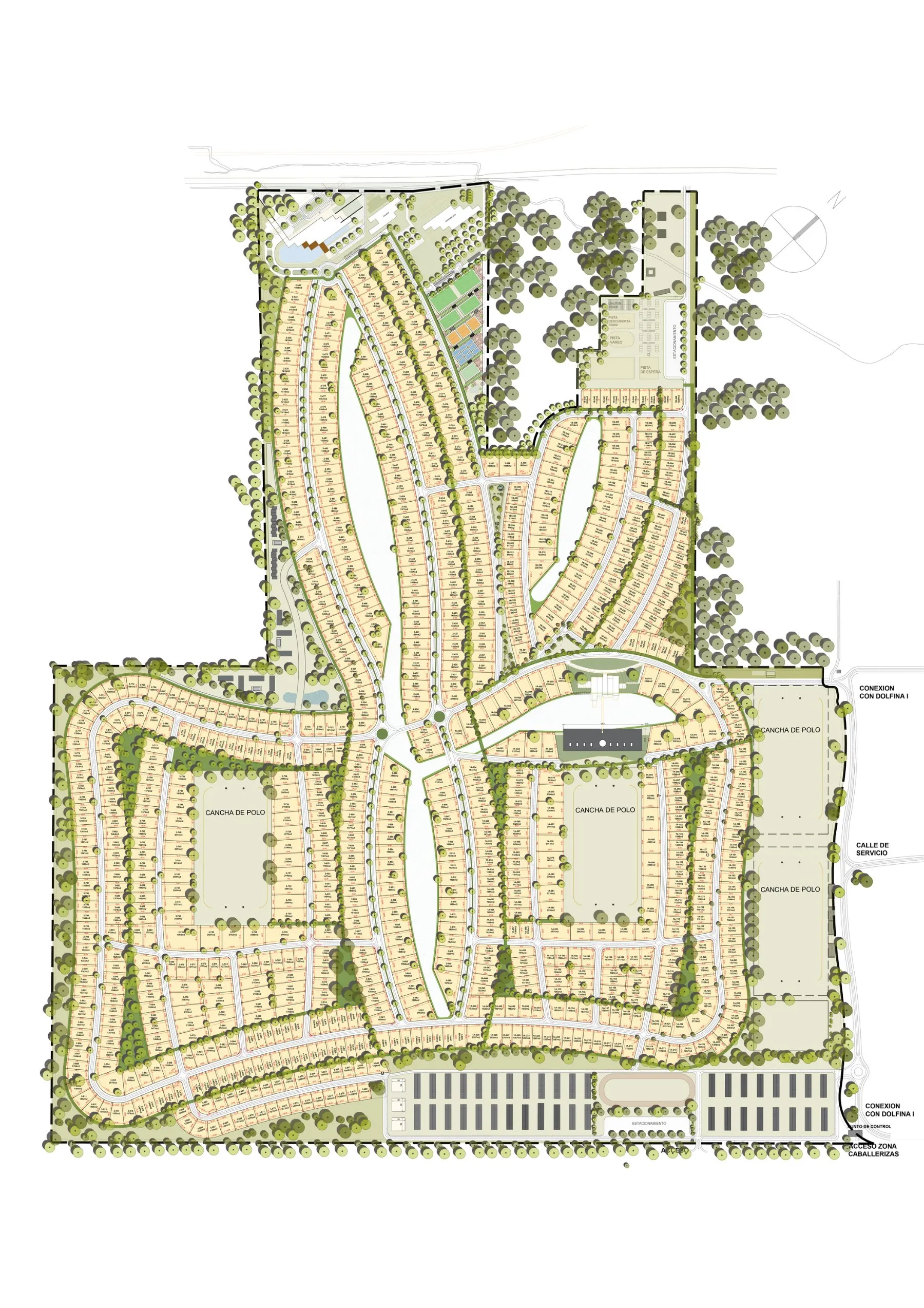 Plano del masterplan con las caballerizas alrededor de la pista de vareo